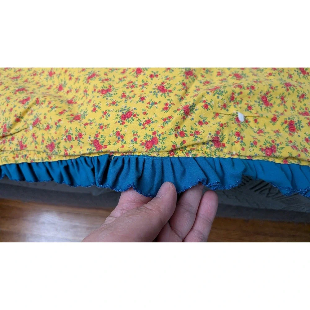 Vintage Retro Handmade Tied Quilt Yellow Floral Red Blue Ruffle Lace Trim Throw